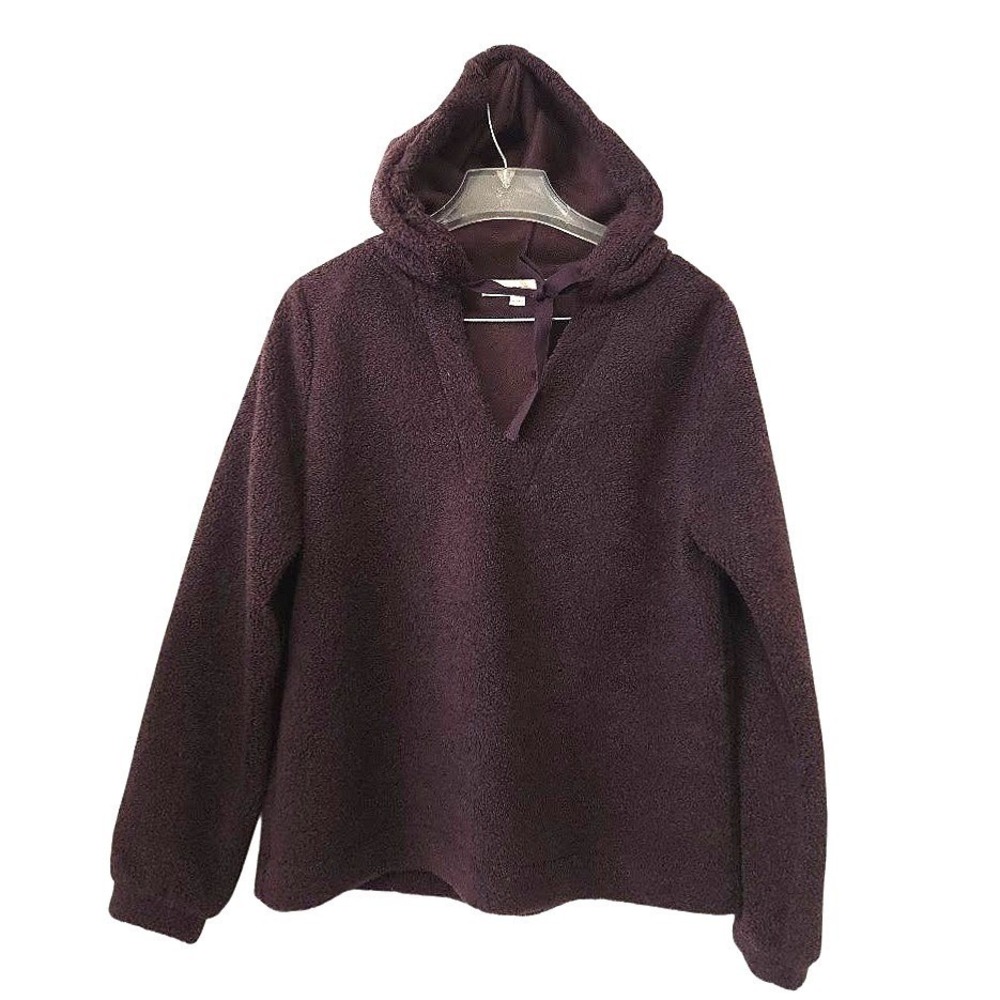 LOFT Womens‎ Medium Purple Sherpa Fleece Hooded V-Neck Pullover Sweatshirt